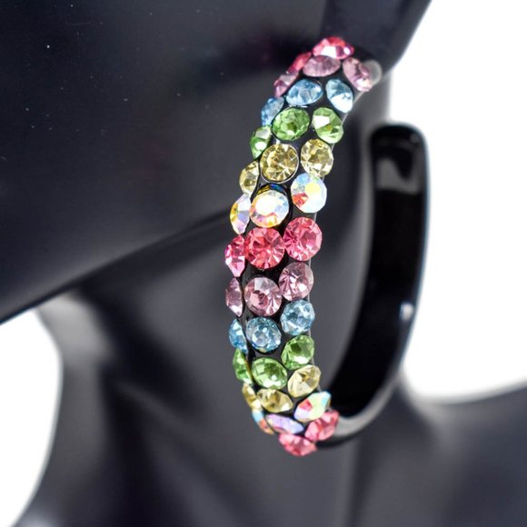 2" Diagonal Multicolor Rhinestones Black Hoops (B) - Picture 12 of 13
